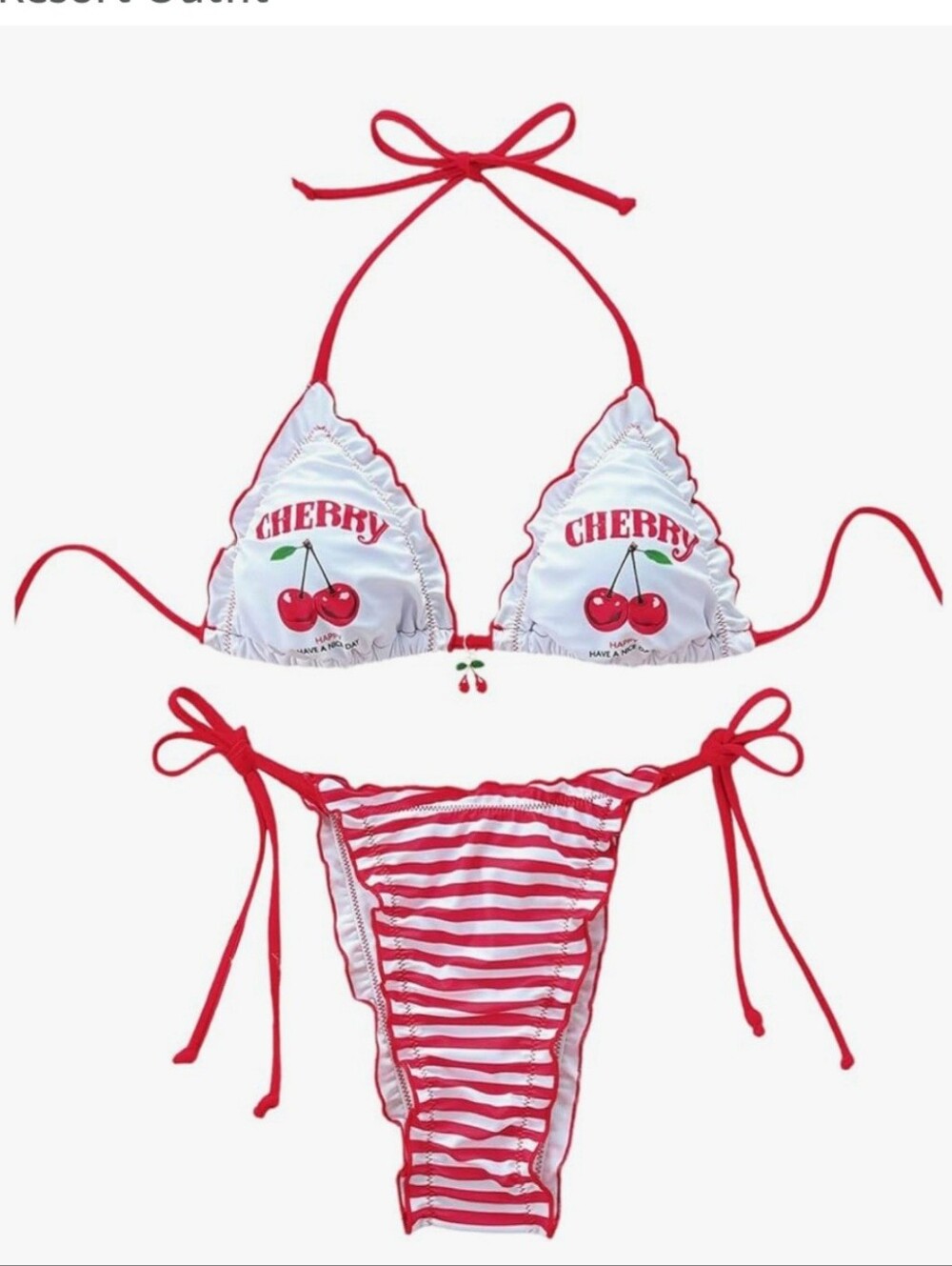 Red Cherry Print Tie Bikini Set - Women's Swim